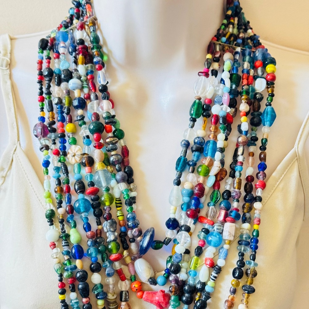 VTG Long Multi Necklace Colorful Murano Glass Beaded End of Day Statement BOHO - Picture 2 of 5